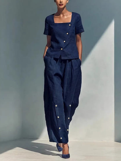 Loose Wide Leg Buttoned Pockets Solid Color Pants Trousers