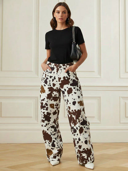 Elasticated Waist High Waisted Contrast Color Cow Printed Split-Joint Pants