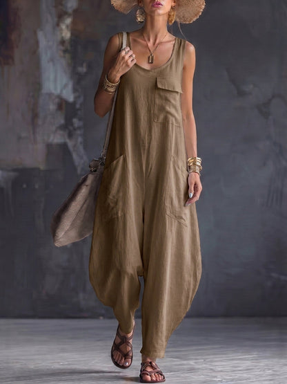 Loose Sleeveless Pockets Solid Color Square-Neck Jumpsuits