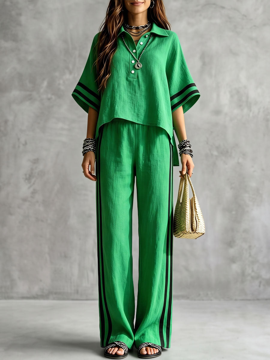 Striped Split-side Contrast Color Buttoned Loose High-low Lapel Blouses&shirts Tops