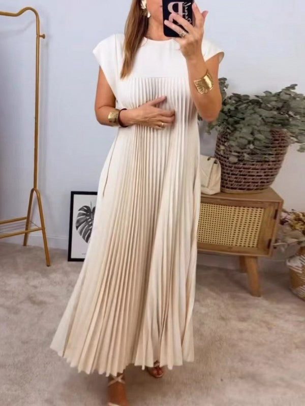 A-Line High Waisted Pleated Pockets Solid Color Split-Joint Round-Neck Maxi Dresses
