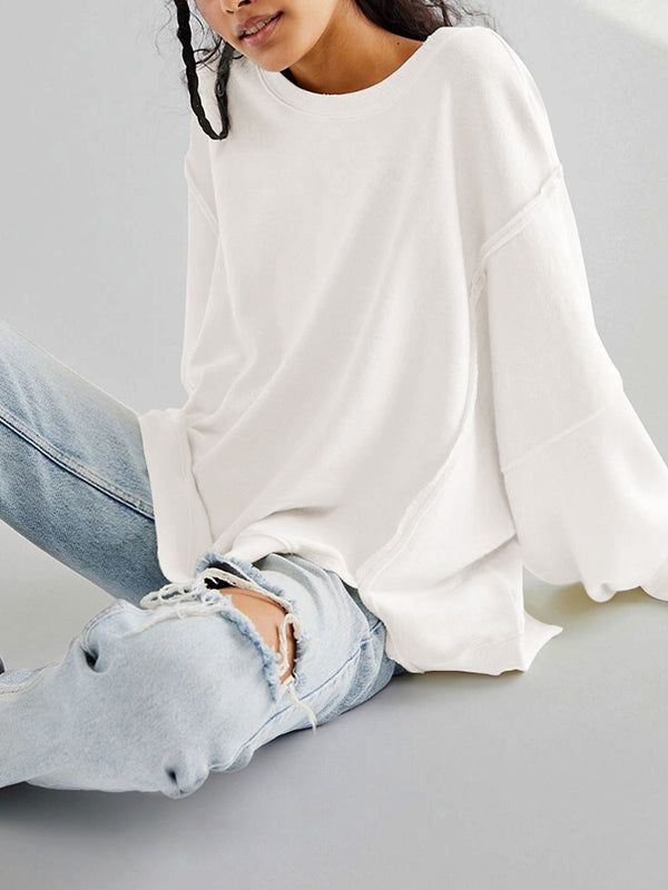 Long Sleeves Loose Fringed Solid Color Split-Joint Split-Side Round-Neck Sweatershirt