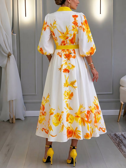 Loose Puff Sleeves Contrast Color Elasticity Flower Print Tied Waist Deep V-Neck Midi Dresses