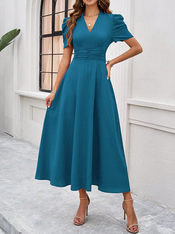 A-Line High Waisted Pleated Solid Color Zipper V-Neck Maxi Dresses