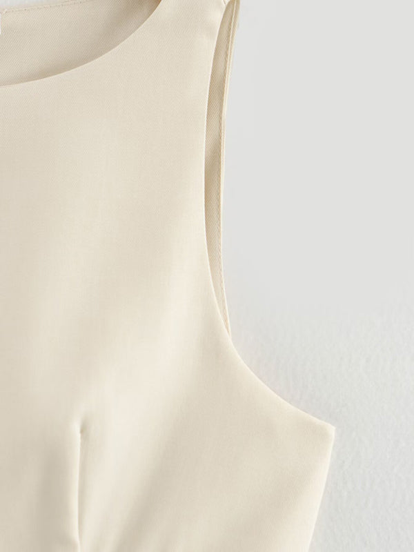 A-Line Loose Pleated Solid Color Split-Joint Zipper Round-Neck Mini Dresses