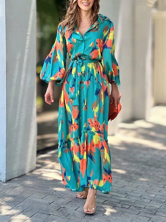 Long Sleeves Loose Printed Lapel Collar Maxi Dresses