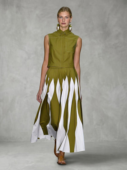 A-Line High Waisted Contrast Color Pleated Printed Skirts Bottoms