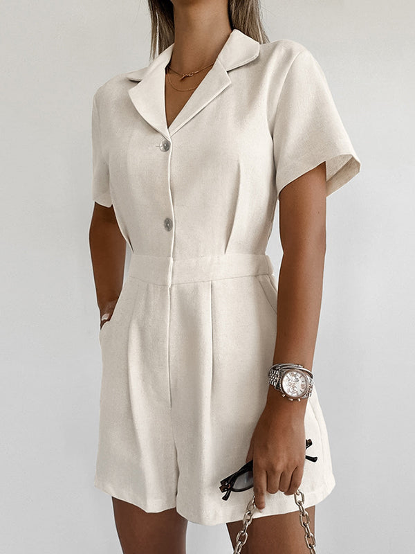 High Waisted Loose Buttoned Pleated Pockets Solid Color Split-Joint Notched Collar Rompers