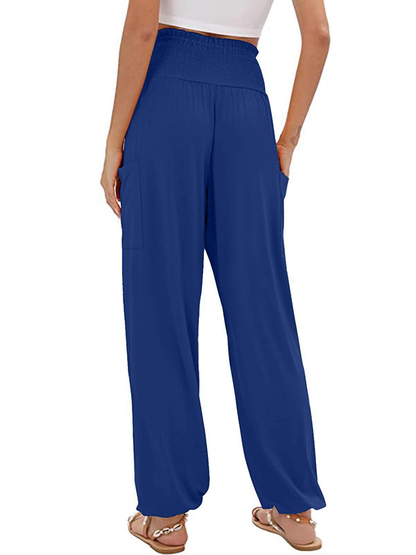 High Waisted Loose Elasticity Pleated Pockets Solid Color Split-Joint Pants Trousers