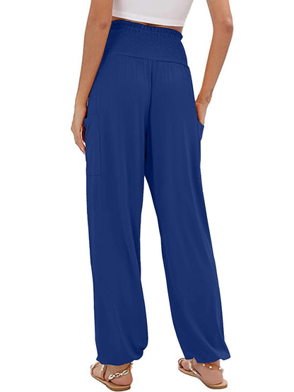 High Waisted Loose Elasticity Pleated Pockets Solid Color Split-Joint Pants Trousers