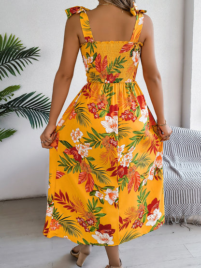A-Line Loose Contrast Color Elasticity Flower Print Tied Spaghetti-Neck Midi Dresses