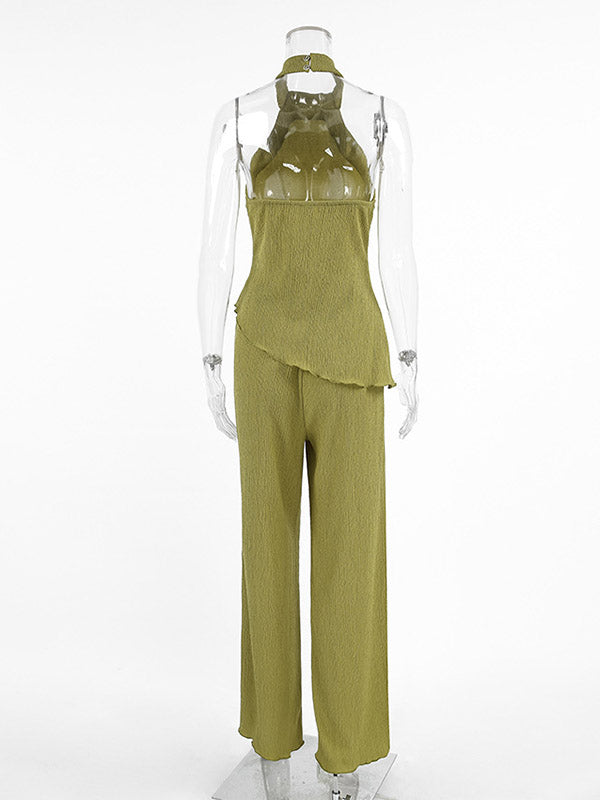 Solid Color Pleated Sleeveless Asymmetric High Neck Vest + Wide Leg Pants Two Pieces Set