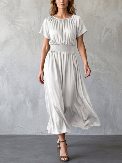 Batwing Sleeves High Waisted Elasticity Solid Color Round-Neck Maxi Dresses