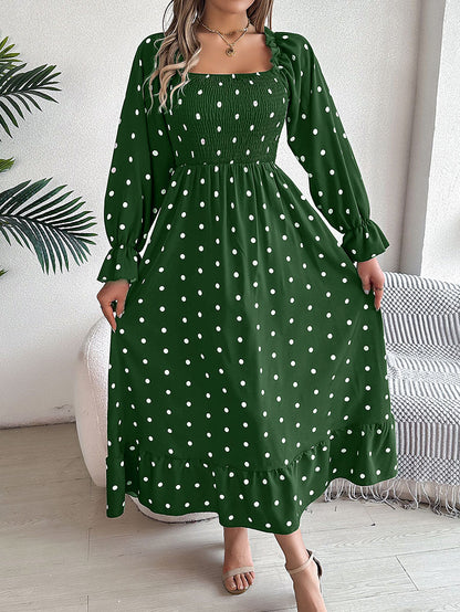 High Waisted Long Sleeves Pleated Polka Dot Ruffled Square-Neck Maxi Dresses Shirt Dress