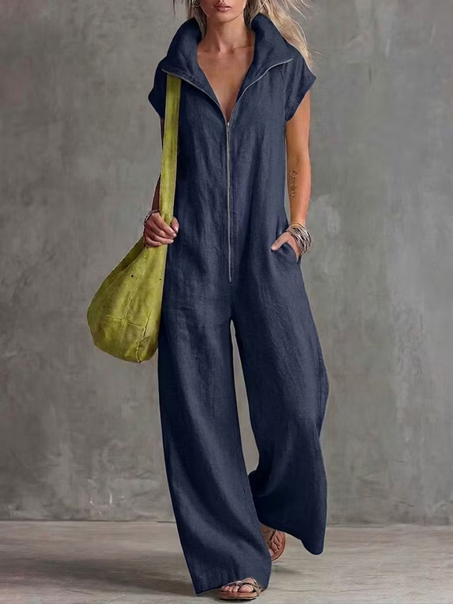Zipper Solid Color Pockets Wide Leg Loose Stand Collar Jumpsuits