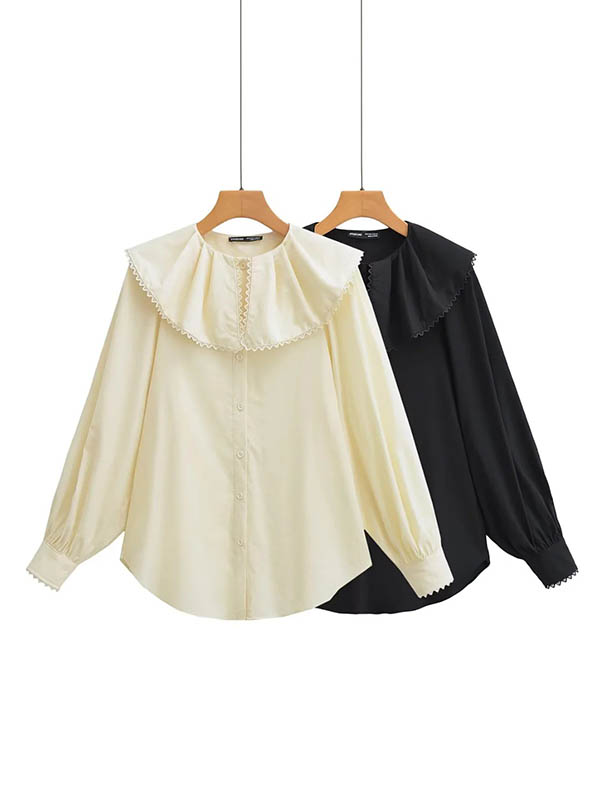 Loose Puff Sleeves Pleated See-Through Solid Color Split-Joint Peter Pan Collar Blouses&Shirts Tops