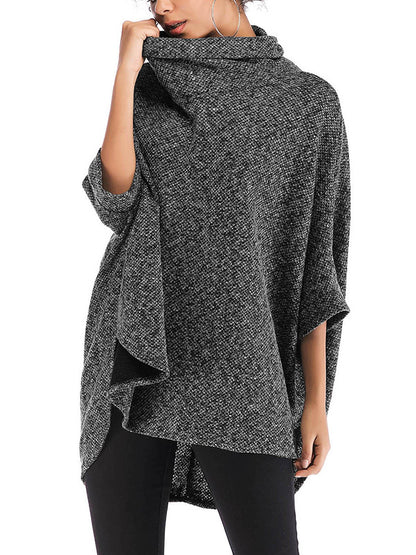 Batwing Sleeves High-Low Solid Color High Neck Knitwear Pullovers Sweater Tops