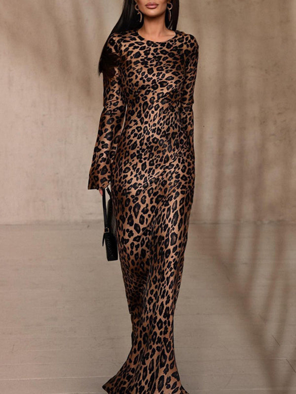Bodycon High Waisted Leopard Zipper Round-Neck Maxi Dresses