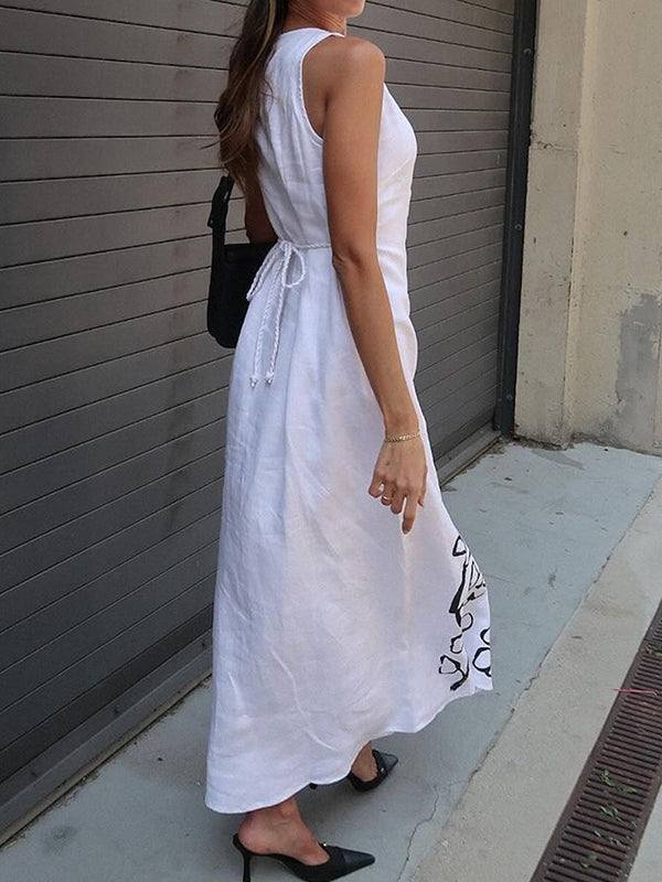 Loose Sleeveless Flower Print Tied Waist Round-Neck Maxi Dresses