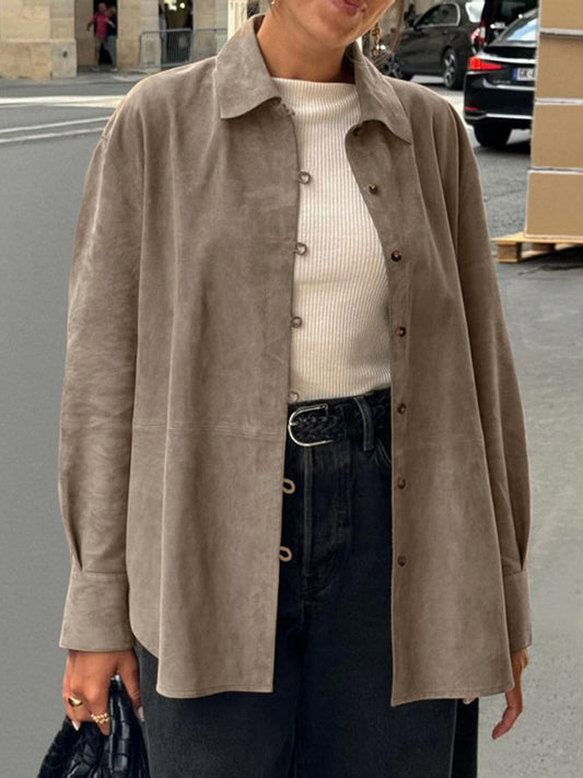Long Sleeves Loose Buttoned Solid Color Split-Joint Lapel Blouses&Shirts Tops Outerwear