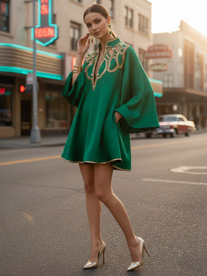 A-Line Long Sleeves Contrast Color Printed Split-Joint Stand Collar Mini Dresses