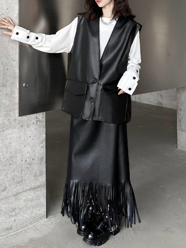 Loose Solid Color V-Neck Sleeveless Buttoned Pockets Vest Top + High Waisted Elasticity Tasseled Skirt Bottom Two Pieces Set