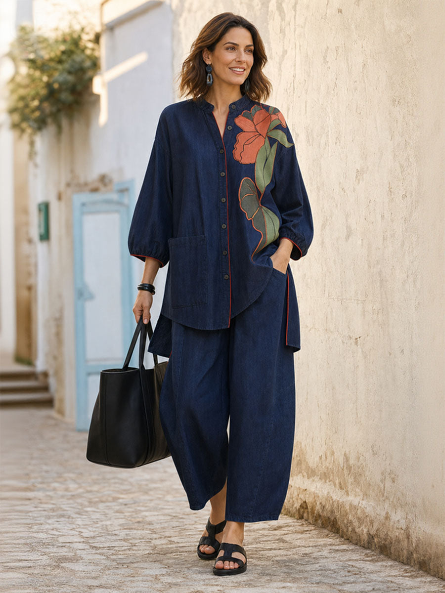 Pockets Flower Print Contrast Color Buttoned Three-quarter Sleeves Loose Round-neck Blouses&shirts Tops