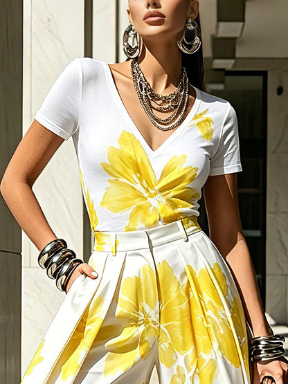 Short Sleeves Flower Print V-Neck T-Shirts Tops