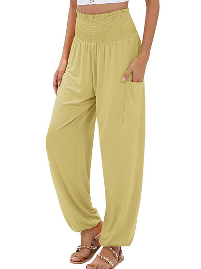 High Waisted Loose Elasticity Pleated Pockets Solid Color Split-Joint Pants Trousers