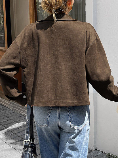 Long Sleeves Loose Pockets Solid Color Zipper Lapel Jackets Outerwear