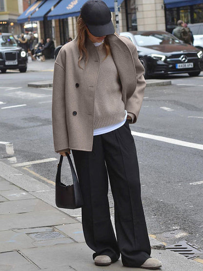Long Sleeves Loose Buttoned Stand Collar Woolen Coat