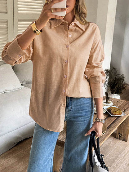 Long Sleeves Loose Buttoned Solid Color Lapel Blouses&Shirts Tops