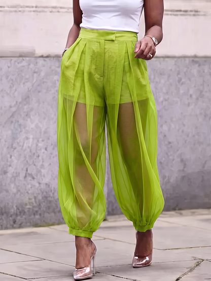 Split-Joint Solid Color Pockets Pleated Buttoned High Waisted Trousers Pants