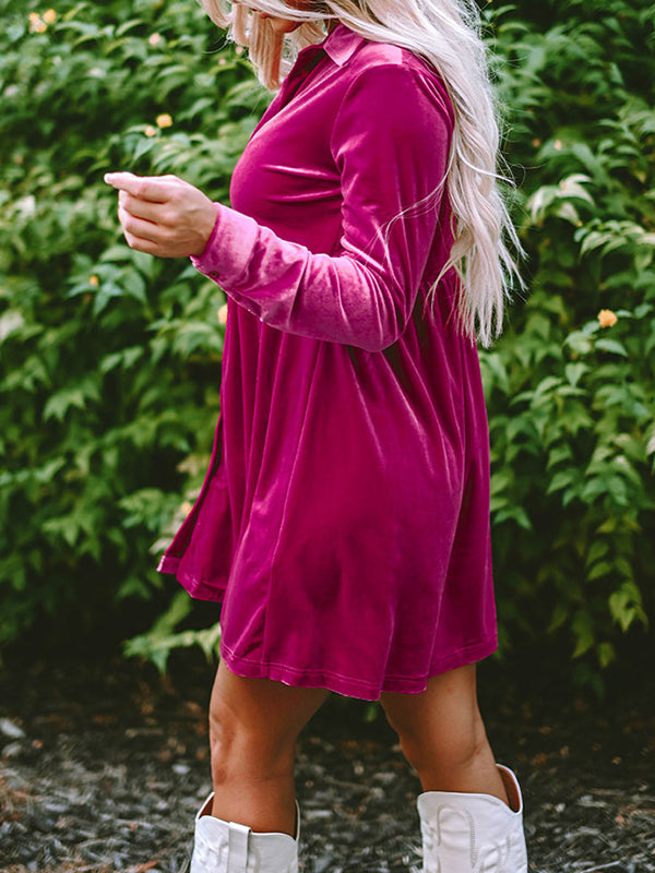 Long Sleeves Loose Pleated Split-Joint Velvet Lapel Mini Dresses Shirt Dress