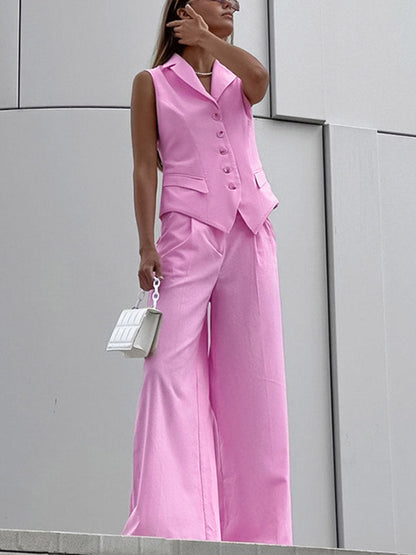 Loose Sleeveless Buttoned Elasticity Pleated Solid Color Lapel Pants Trousers Two Pieces Set Vest Top
