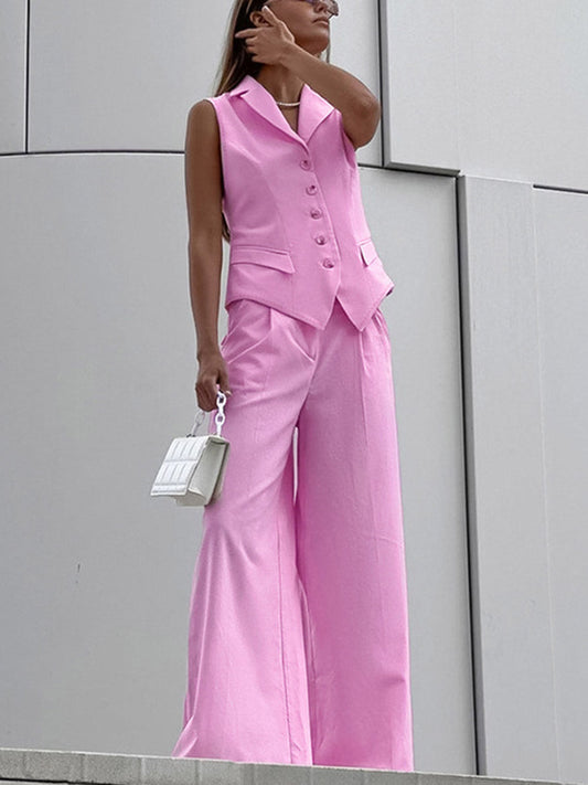 Loose Sleeveless Buttoned Elasticity Pleated Solid Color Lapel Pants Trousers Two Pieces Set Vest Top