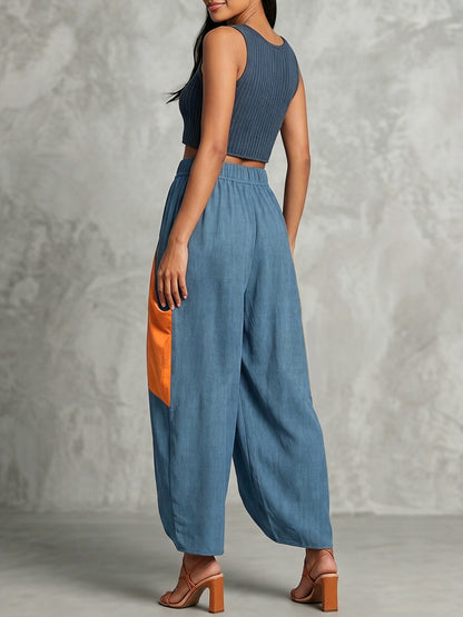 High Waisted Loose Contrast Color Elasticity Pockets Split-Joint Ninth Pants Trousers