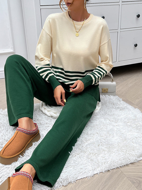 Long Sleeves Loose Contrast Color Split-Side Striped Round-Neck Sweater Top + Pants Bottom Two Pieces Set