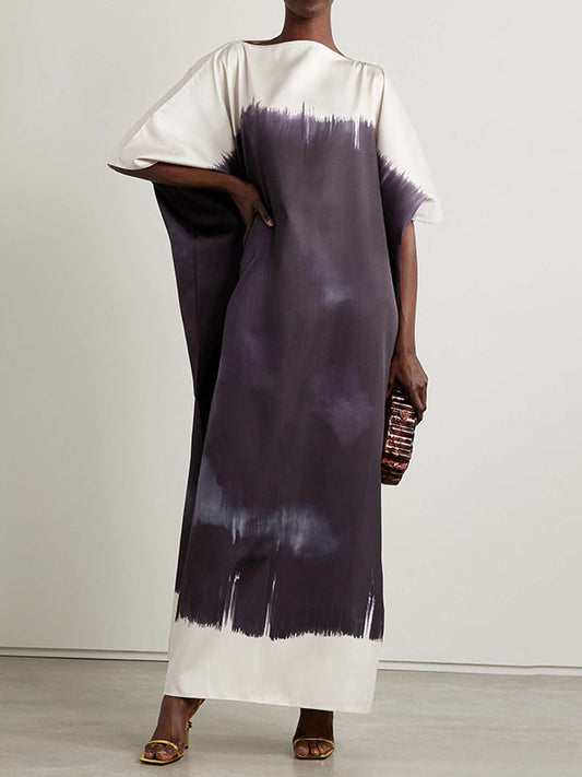 Batwing Sleeves Loose Contrast Color Printed Split-Joint Round-Neck Maxi Dresses