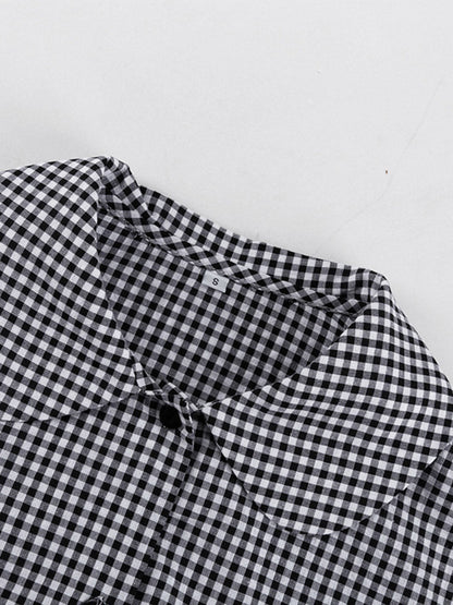 Loose  Contrast Color Plaid Ruffled Split-Joint  Long Sleeves Buttoned Lapel Blouses&Shirts Tops + Pants Two Pieces Set