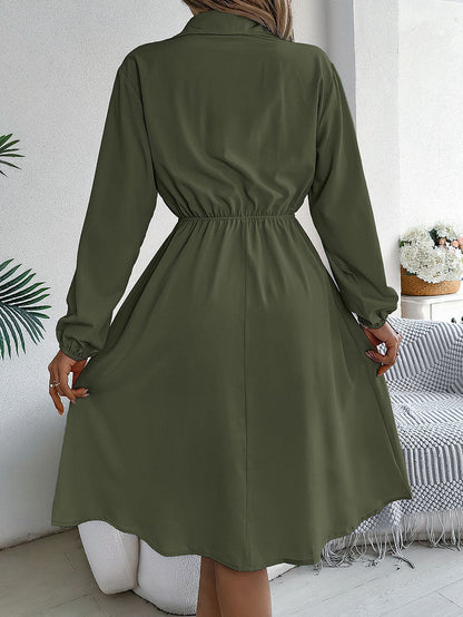 A-line Long Sleeves Buttoned Pleated Solid Color Tied Lapel Midi Dresses Shirt Dress