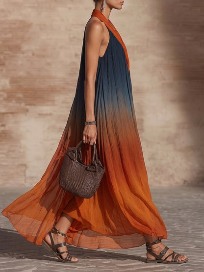 A-Line Loose Contrast Color Pleated Deep V-Neck Maxi Dresses