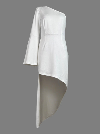 High-Low Long Sleeves Asymmetric Solid Color One-Shoulder Maxi Dresses