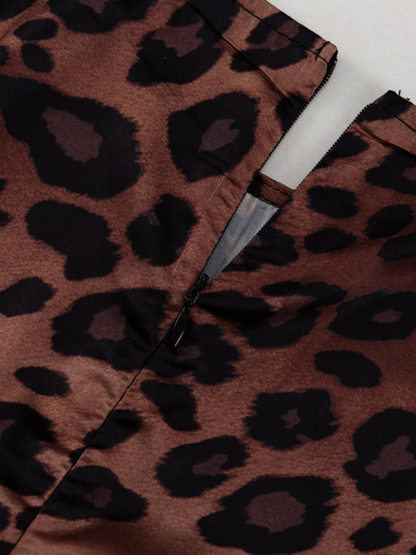 Bodycon High Waisted Leopard Zipper Round-Neck Maxi Dresses