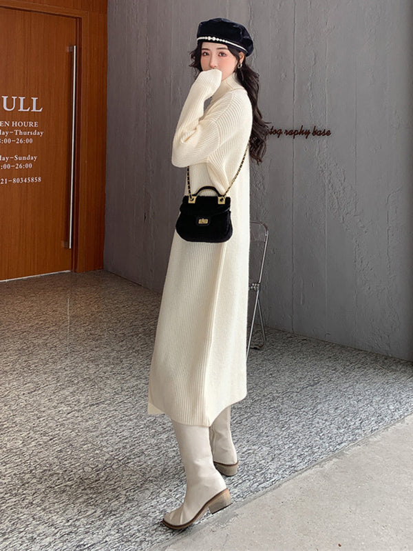 Stylish Long Sleeves Split-Front Solid Color High-Neck Sweater Tops