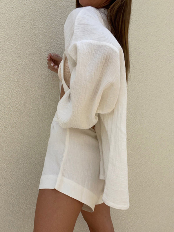 Long Sleeves Elasticity Solid Color Tied Waist V-Neck Blouses Tops + High Waisted Shorts Bottom Two Pieces Set