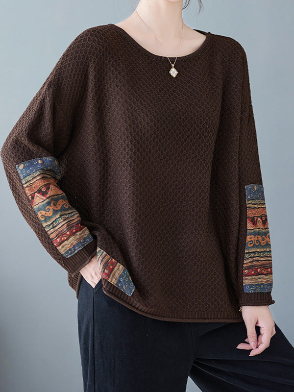 Long Sleeves Loose Printed Split-Joint Round-Neck Pullovers Sweater Tops