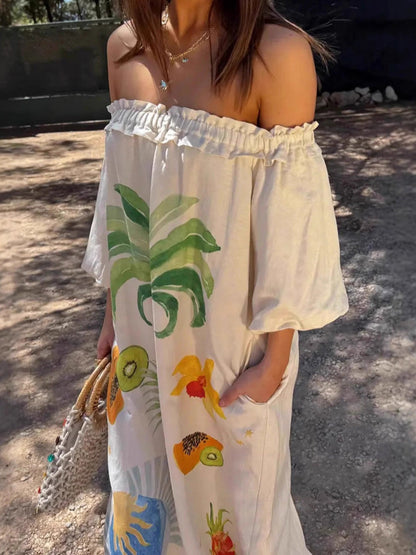 A-line Long Sleeves Contrast Color Pleated Pockets Printed Split-back Split-Joint Off-the-shoulder Maxi Dresses