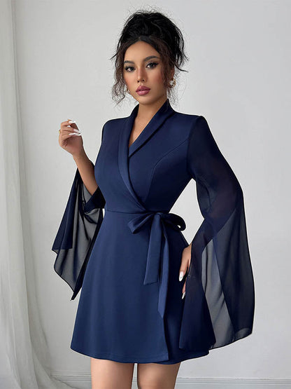 A-Line Elasticated Waist Interlace See-Through Solid Color Split-Joint Split-Side Tied Waist V-Neck Mini Dresses