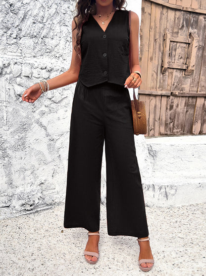 Loose Sleeveless Buttoned Solid Color V-Neck Vest Top + Pockets Elasticity Two Pieces Set
